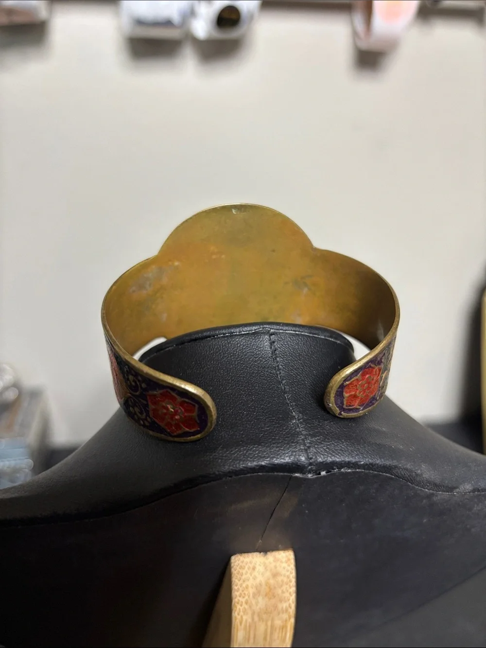 Vintage Chinese Cloisonne Enamel Floral Cuff Brass Bracelet Purple Orange